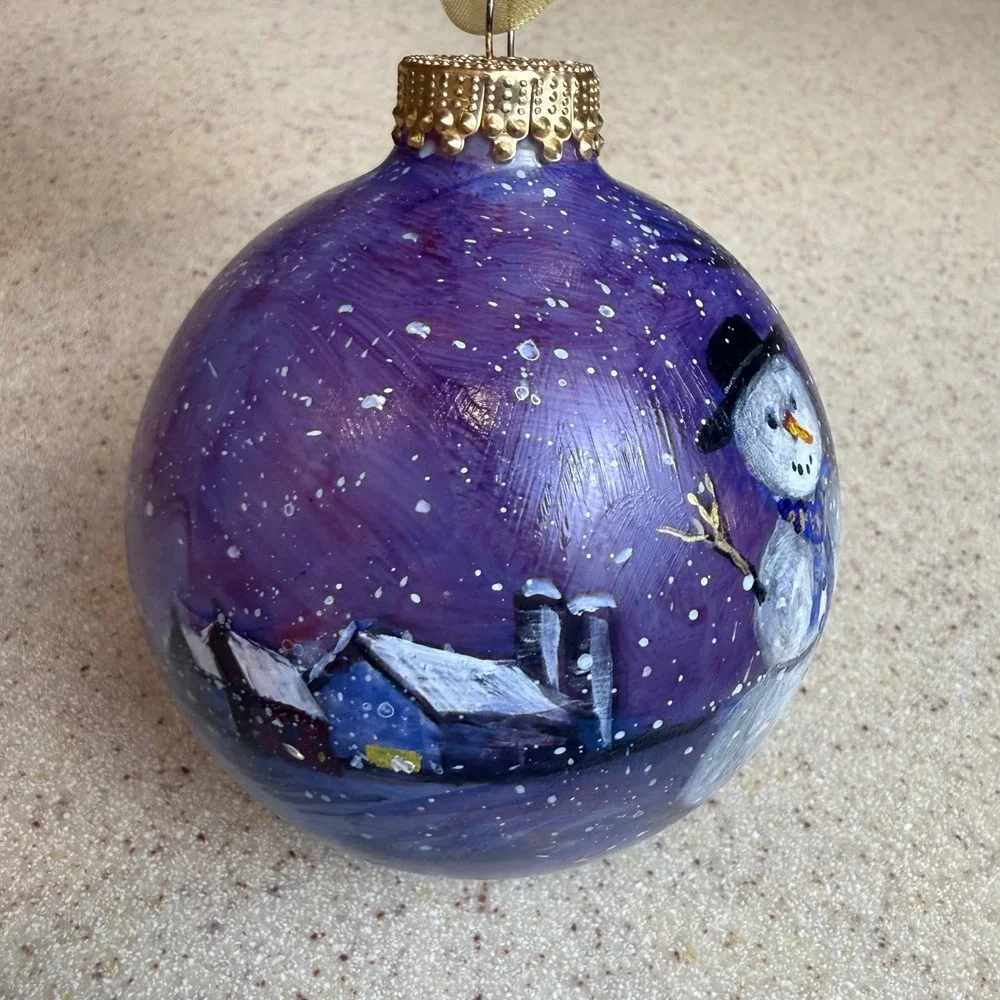 Freiman Stoltzfus Hand Painted Snowman Glass Christmas Ornament Signed 2010 Box